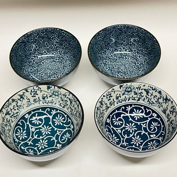 Chengs Blue and Cream Karakusa Rice Bowls Set for 4 - Picture 1 of 8